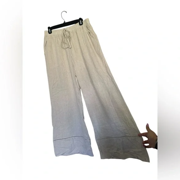 NWOT Umgee High Waisted Beige Linen Wide Leg Crochet Detail Pants Size L - Picture 3 of 7